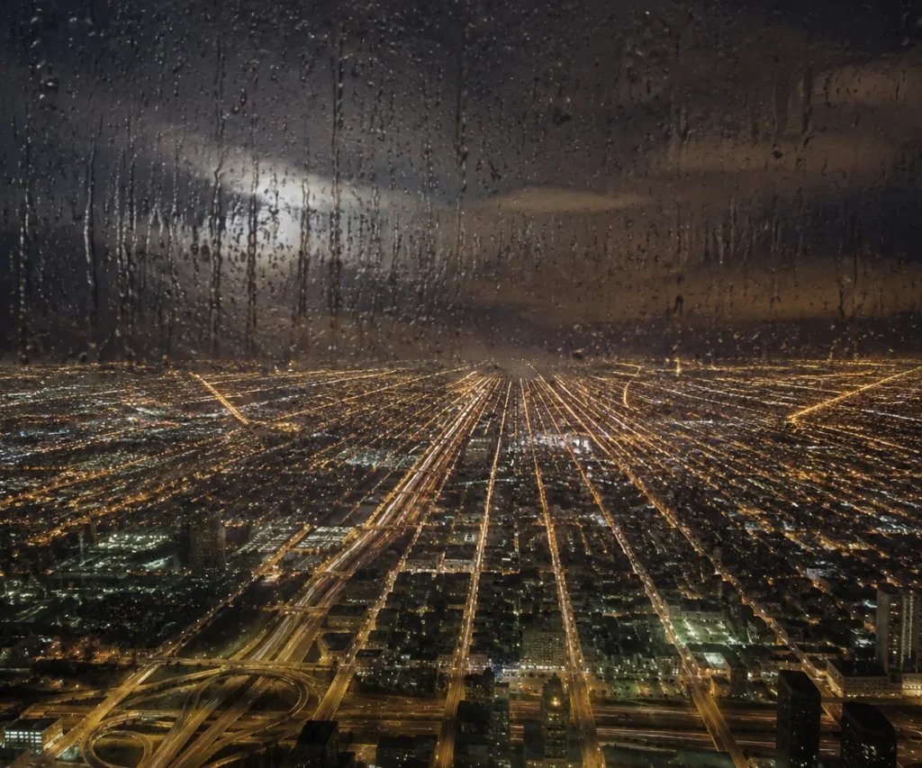 Night aerial view of an American city through rain-streaked glass