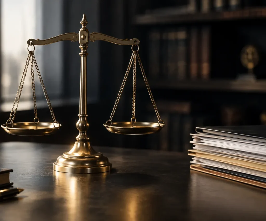 Brass balance scale beside a stack of documents