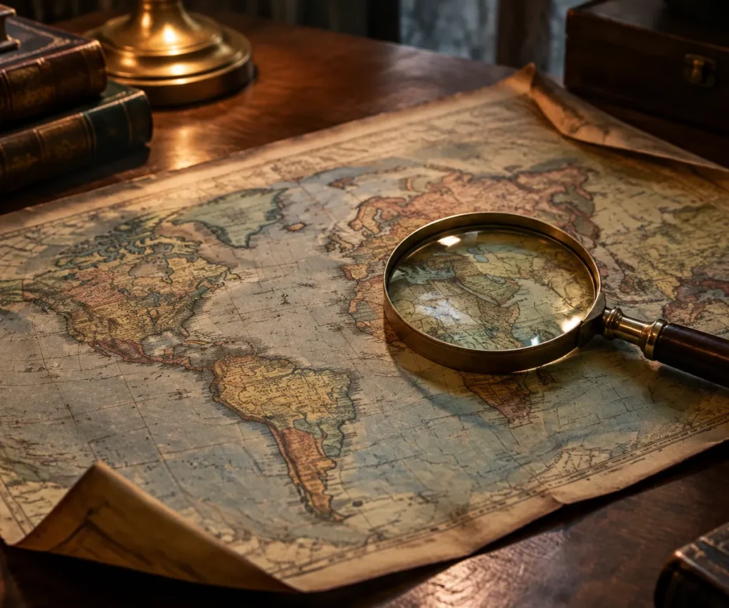 Vintage world map with a magnifying glass