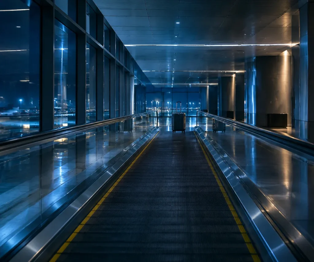 Empty airport transfer corridor at night